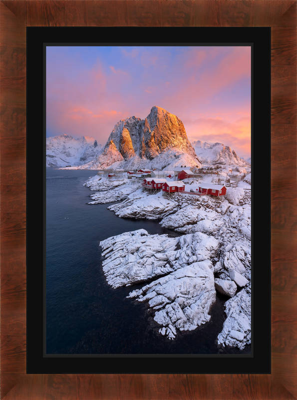 Red Cabins In Winter Snow Covered Mountains Lofoten Print Photos By